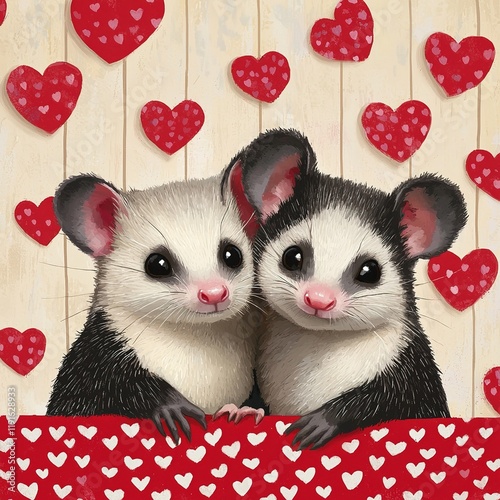 Two adorable, cartoon-style possums cuddle together against a backdrop of hearts, evoking a warm, loving atmosphere.