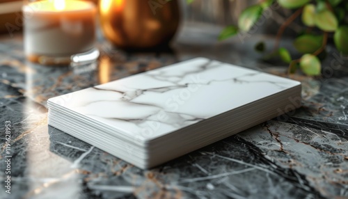 A stack of cards with a marble pattern sits on a marble table photo