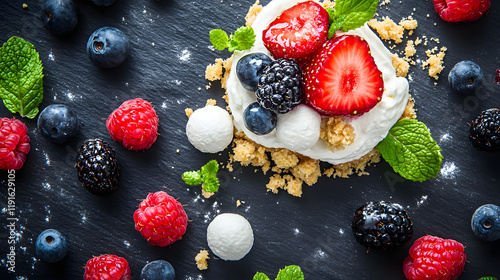 An artistic presentation of a deconstructed cheesecake with biscuit crumble cream cheese spheres and fresh berries arranged on a slate plate. photo