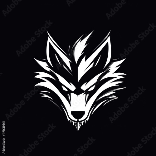 White fierce wolf head logo design, black background, mascot, gaming photo