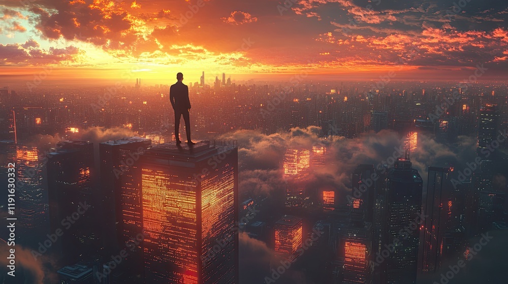 Fototapeta premium Man standing on roof of building, city skyline, bright red horizon