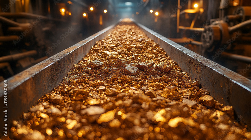 Conveyor belt transports ore rocks in a moody setting, symbolizing industrial progress, mineral extraction, and transformation of raw materials with blurred bright light tone and chaotic atmosphere
Conveyor belt transports ore rocks in a moody setting, symbolizing industrial progress, mineral extraction, and transformation of raw materials with blurred bright light tone and chaotic atmosphere