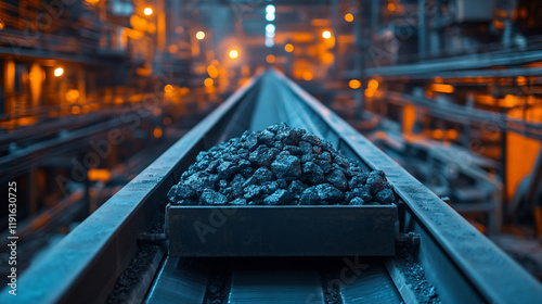 Wallpaper Mural Conveyor belt transports ore rocks in a moody setting, symbolizing industrial progress, mineral extraction, and transformation of raw materials with blurred bright light tone and chaotic atmosphere

 Torontodigital.ca