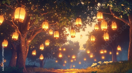 Enchanted Forest Path Illuminated by Glowing Lanterns at Twilight or Dusk