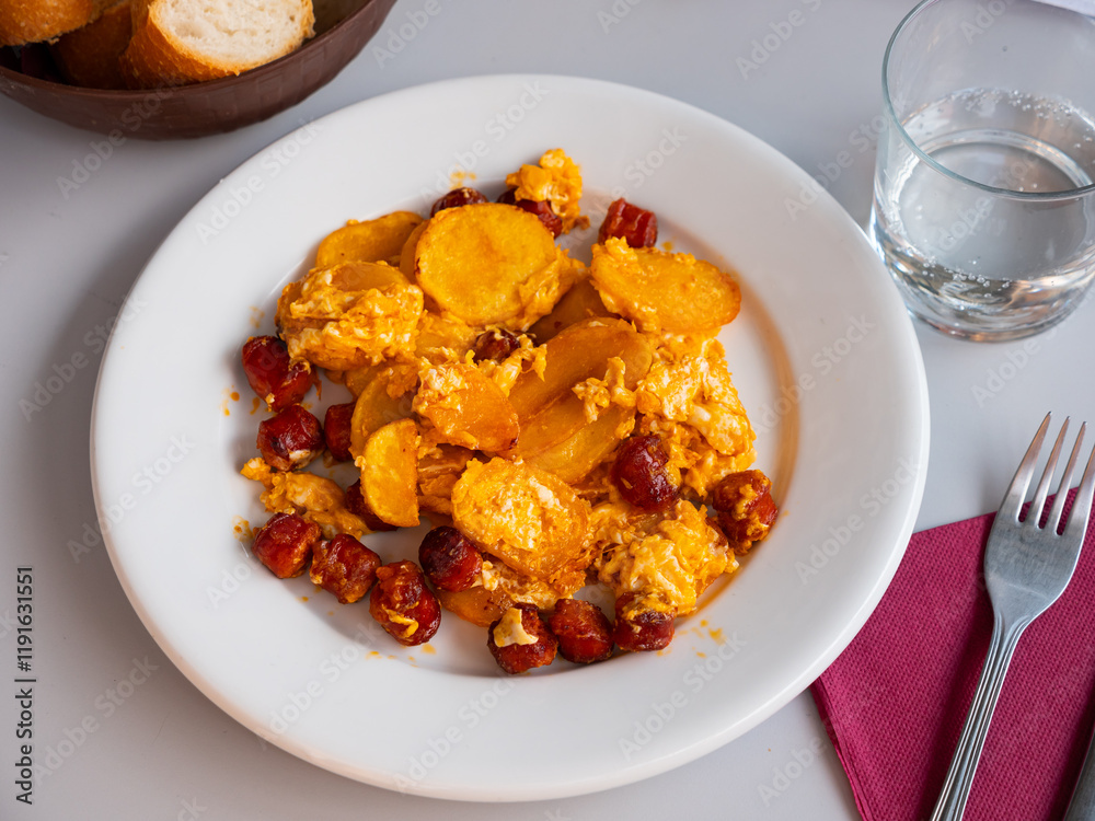 Huevos con chistorra - fried eggs with sausages served with potatoes Huevos con chistorra - fried eggs with sausages served with potatoes