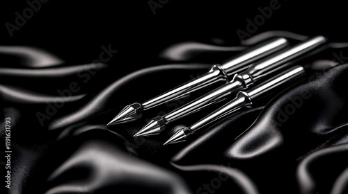 Three metallic tools with pointed tips arranged on black silk fabric. photo