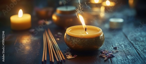 Aromatic candles and incense sticks creating a relaxing and tranquil ambiance on a wooden table