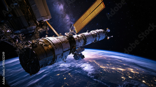 Fototapeta Naklejka Na Ścianę i Meble -  Space station docking with a spacecraft under the Milky Way