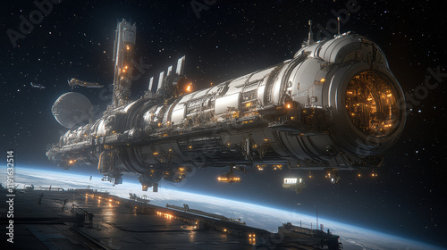 Fototapeta Naklejka Na Ścianę i Meble -  Space station docking with a spacecraft under the Milky Way