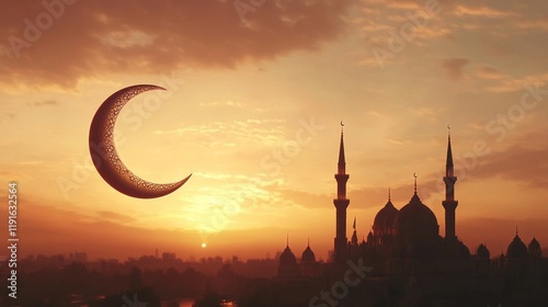 Tranquil Mosque Silhouette Under Crescent Moon and Sunset Sky A Serene Religious Scene