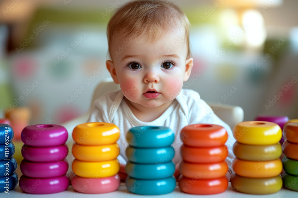 Obraz premium Baby sits at a table surrounded by colorful stacking rings, looking curiously. Concept of play and exploration. For early childhood development content