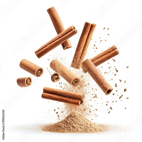 Floating cinnamon sticks and powder isolated on a white background 