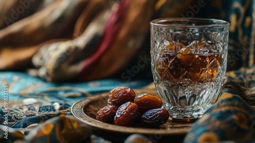 A still life of dates on a plate and a glass of date water with fabric in the background