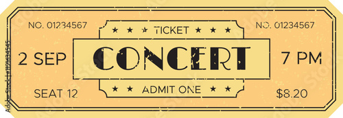 Close up of a vintage style concert ticket showing the date, time, seat number, price, and the word CONCERT in a bold, distressed font, evoking nostalgia for live music events