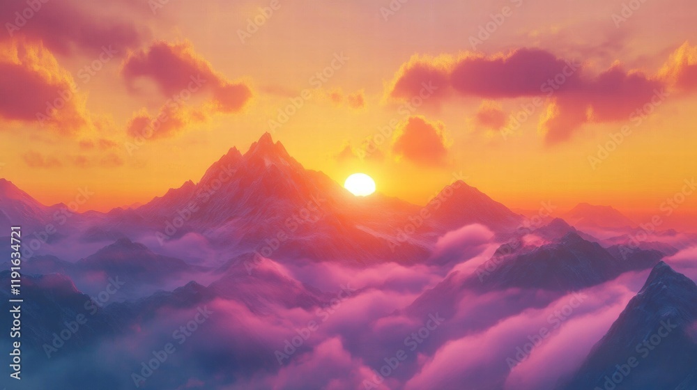 Majestic mountain peaks glow as the sun rises over the horizon illuminating the surrounding clouds. Generative AI Majestic mountain peaks glow as the sun rises over the horizon illuminating the surrounding clouds. Generative AI