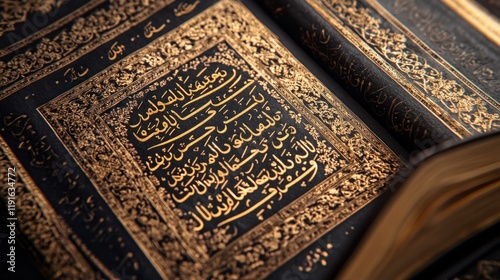 Close-up of an ornate book with gold Arabic calligraphy and decorative designs