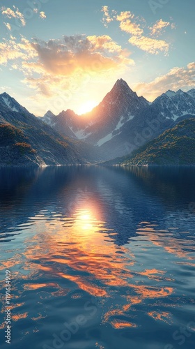 Breathtaking view of snow capped mountain peaks reflected in the still glassy waters of a remote fjord lake at golden hour