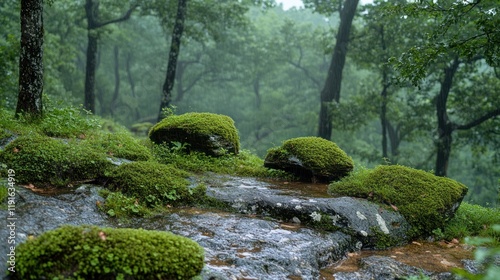 Mossy Rocks and Stream in a Rainy Forest