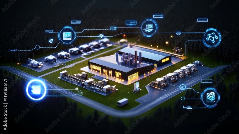 Fototapeta premium Industrial 4.0 AI generated Smart factory. Smart Factory Exterior Overview with Digital Connectivity and Clean Design