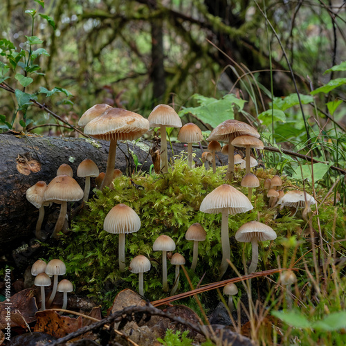 Une photo de champignons mousserons poussant dans une forêt humide et couverte de mousse. Certains poussent directement sur le sol de la forêt, tandis que d'autres poussent sur un tronc ou une roche. photo