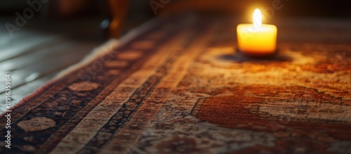 Candlelight illuminates intricate carpet patterns casting warm glow on wooden floor