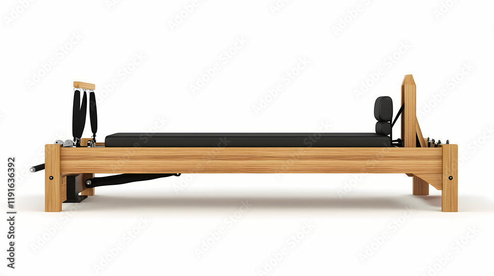 A pilates reformer machine, with wooden surface, isolated on white. Rivermist. Illustration A pilates reformer machine, with wooden surface, isolated on white. Rivermist. Illustration
