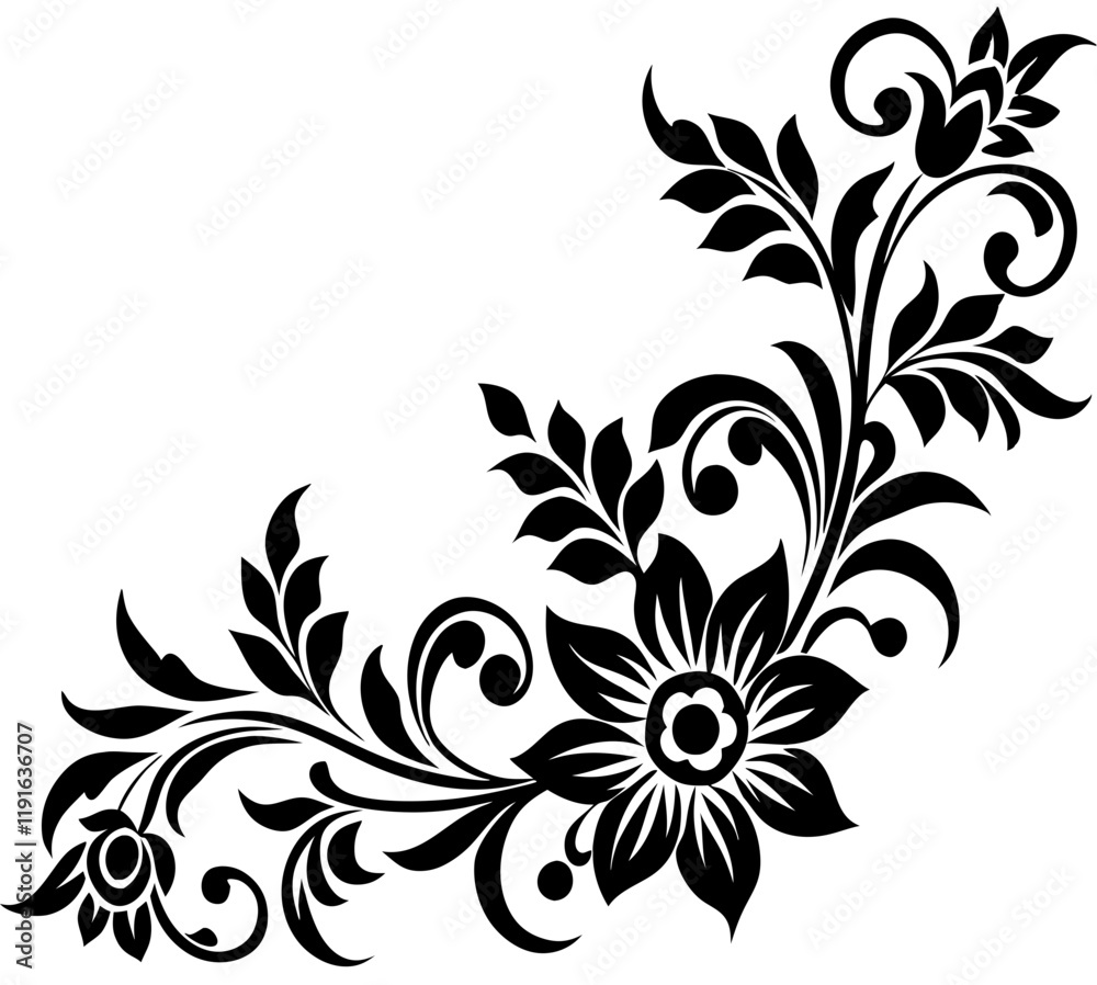 floral design, stylized flower design with leaf and decorative accents. abstract floral ornament, corner, petal patterns, ideal for use in decorative prints, wallpaper, mandala, digital art, template floral design, stylized flower design with leaf and decorative accents. abstract floral ornament, corner, petal patterns, ideal for use in decorative prints, wallpaper, mandala, digital art, template