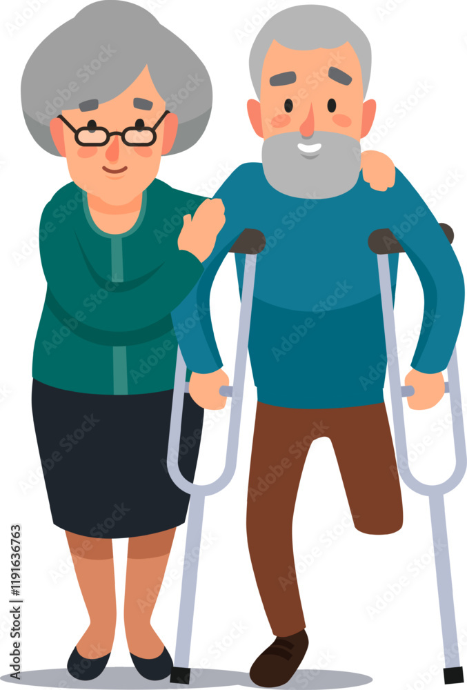 Supportive elderly woman helping her husband with a prosthetic leg walk using crutches, demonstrating love, care, and resilience in overcoming physical challenges together Supportive elderly woman helping her husband with a prosthetic leg walk using crutches, demonstrating love, care, and resilience in overcoming physical challenges together