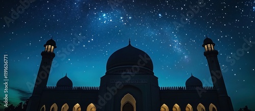 Majestic Mosque at Twilight Under the Stars, Silhouetted Against a Starry Sky, A Spiritual Place of Peace