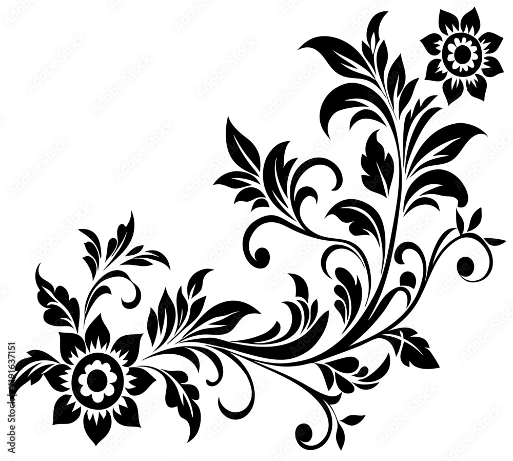 Fototapeta premium floral design, stylized flower design with leaf and decorative accents. abstract floral ornament, corner, petal patterns, ideal for use in decorative prints, wallpaper, mandala, digital art, template