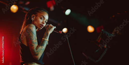 Captivating hip hop female artist delivering an electrifying performance on stage at a vibrant music venue during a late-night showcase
