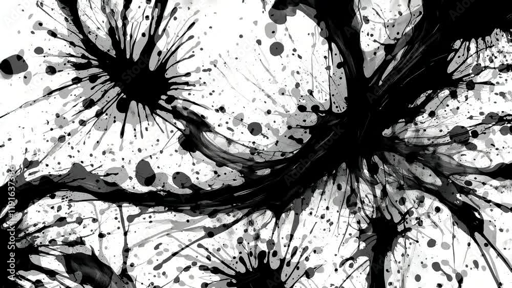 Abstract black ink splatter on a white background, creating a dynamic artistic effect.