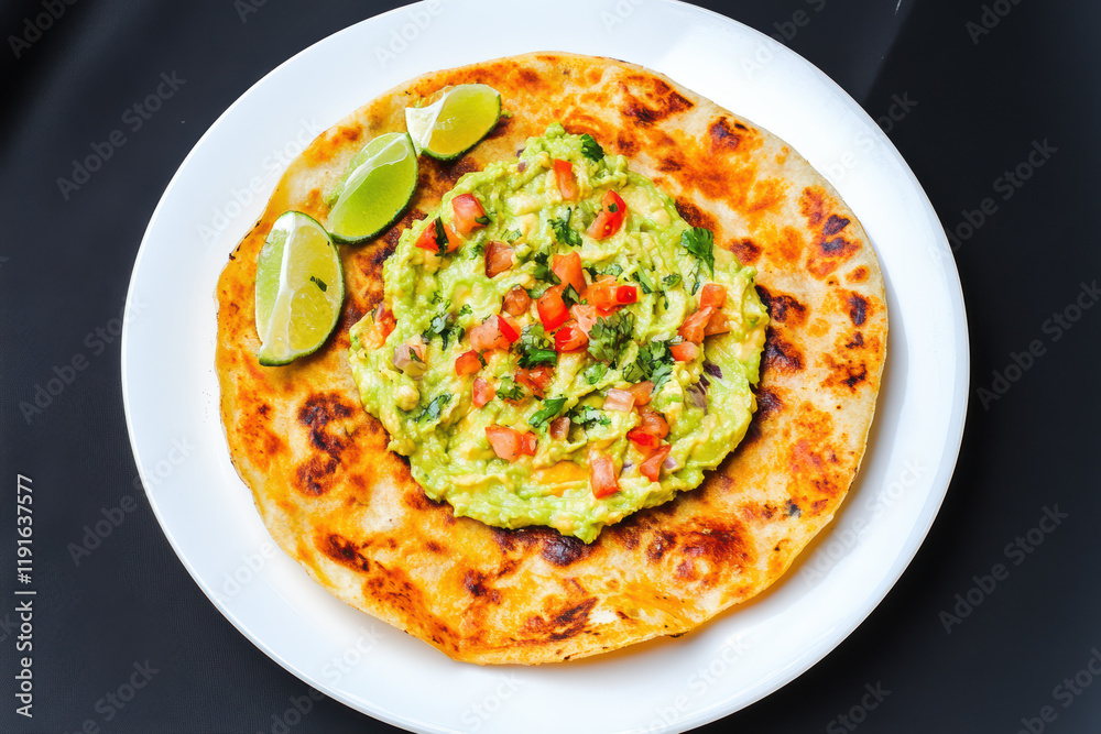 Flatbread is served warm with a generous scoop of creamy guacamole topped with diced tomatoes and accompanied by slices of fresh lime, perfect for a flavorful meal Flatbread is served warm with a generous scoop of creamy guacamole topped with diced tomatoes and accompanied by slices of fresh lime, perfect for a flavorful meal