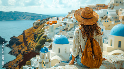 Fototapeta Naklejka Na Ścianę i Meble -  woman traveler overlooking Santorini
