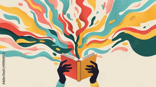 Colorful abstract splash of creativity and imagination coming out of an open book in human hands. Concept of learning, storytelling, and knowledge explosion.