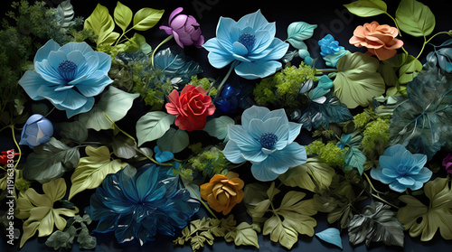 Fantasy floral arrangement with shiny petals and greenery in blue tones. Abstract floral composition. 3d illustration
