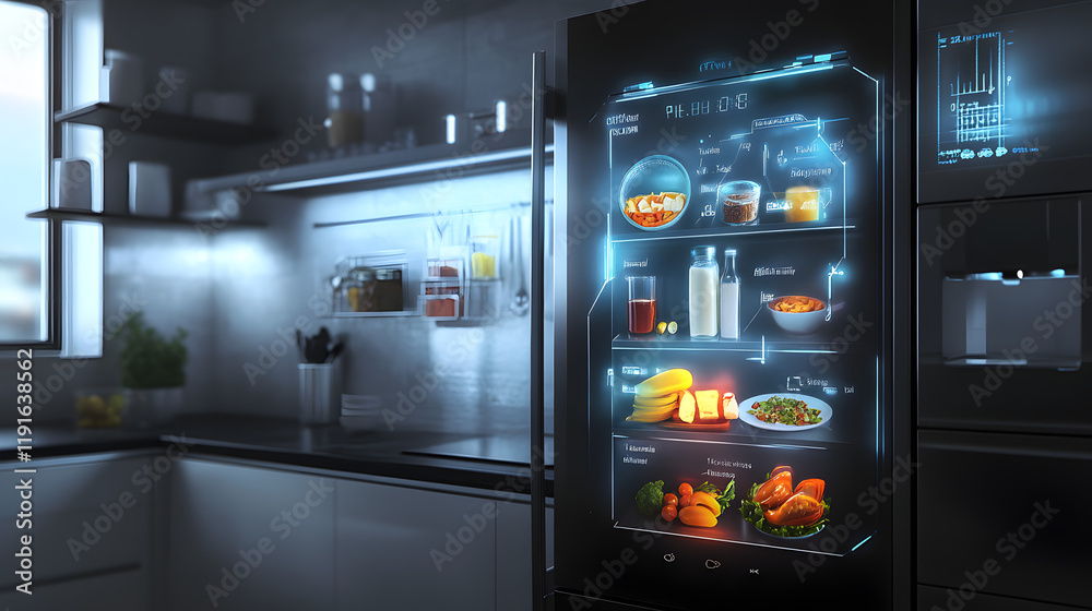 A Sophisticated Smart Fridge with Touchscreen Interface Showcasing an Array of Recipes for the Modern Culinary Enthusiast A Sophisticated Smart Fridge with Touchscreen Interface Showcasing an Array of Recipes for the Modern Culinary Enthusiast