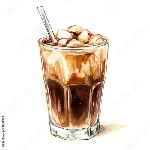 A watercolor vector of a cup of coffee with sweetened condensed milk, isolated on a white background. Coffee with sweetened condensed milk vector.
