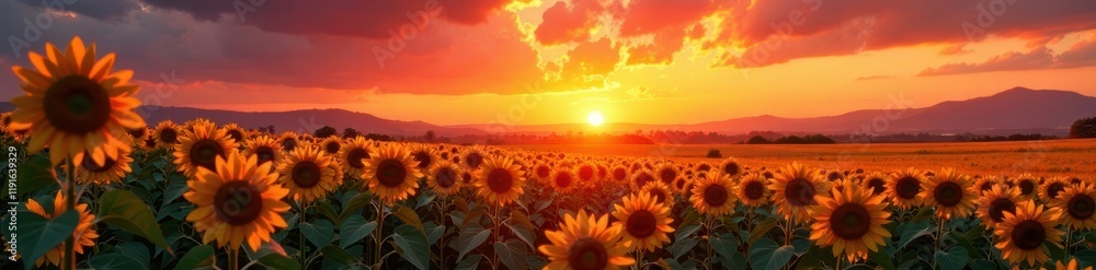 Obraz premium Sun sets ablaze, painting sunflowers in fiery hues Vast countryside view , farm, sun