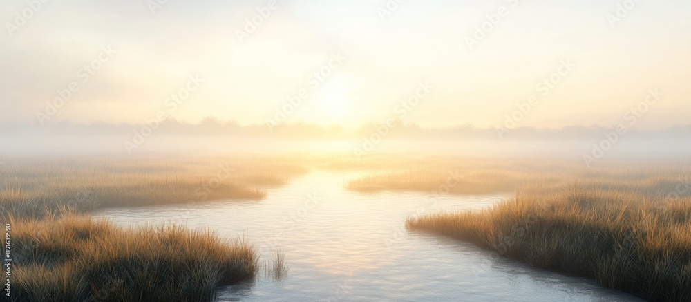 Fototapeta premium Serene landscape with a tranquil lake or river reflecting the warm glow of the setting or rising sun surrounded by lush reeds and grasses under a dramatic sky at dusk or dawn