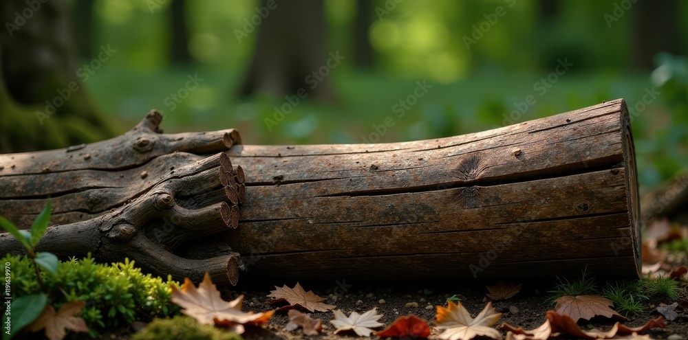 Fototapeta premium Weathered wooden log with rough bark and moss , nature, worn