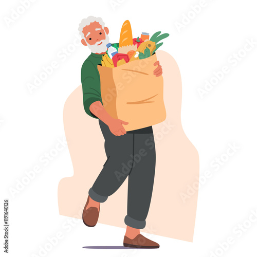 Happy senior man cartoon character carrying huge shopping bag packet filled with groceries purchases