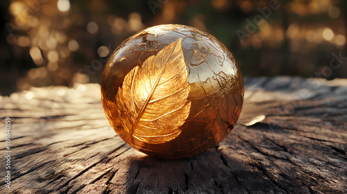 Golden leaf decorated sphere rests on wood. Goldenleaf. Illustration photo