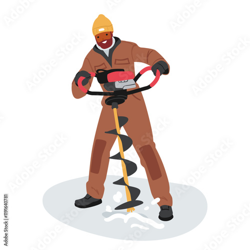 Fisherman cartoon character drilling hole in ice of frozen river or lake vector illustration