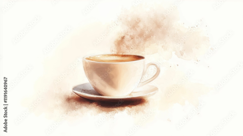 Fototapeta premium Steaming beverage in cup, saucer; painted style.