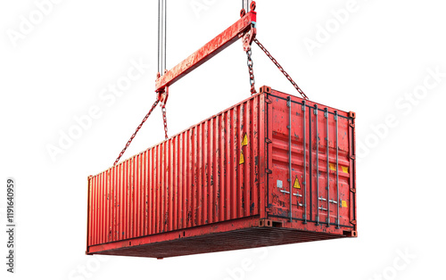 Red Shipping Container Lifted by Crane Mechanism Isolated on transparent background