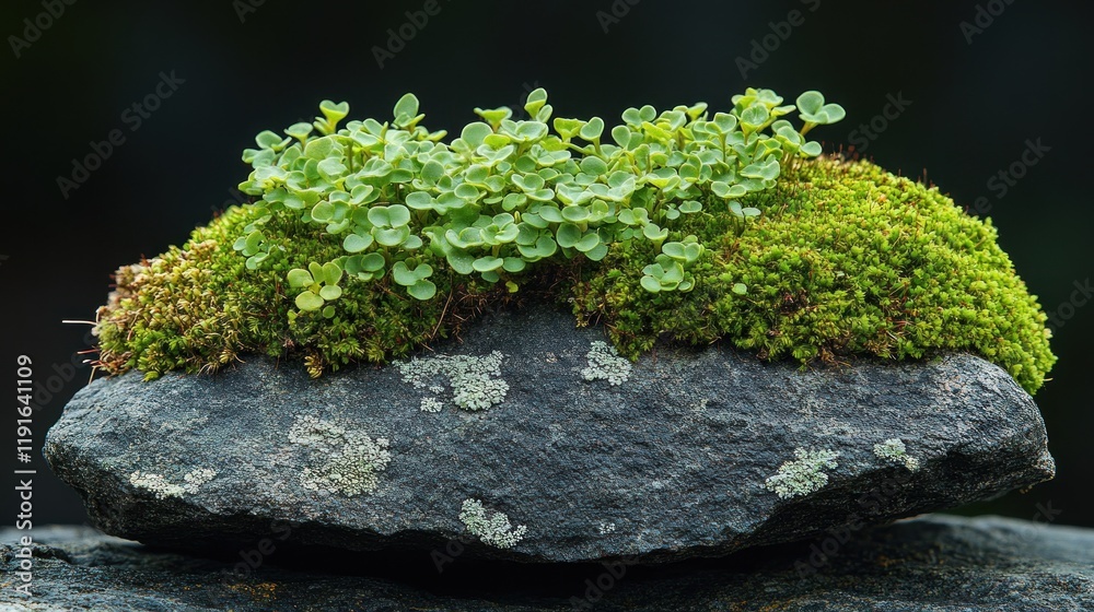 Green plants thriving on a mossy rock surface Green plants thriving on a mossy rock surface