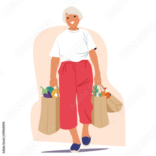 Elderly woman shopper cartoon character walking with groceries purchases in paper shopping bags