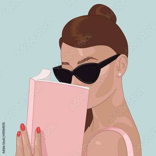 Elegant Woman Reading a Book wearing sunglases photo