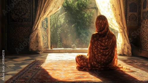 Woman in patterned clothing sitting on a carpet facing window with natural light